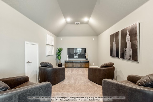 living room featuring lofted ceiling and carpet