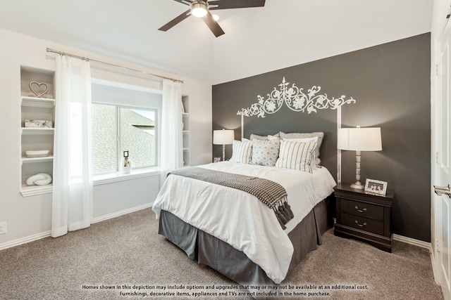 bedroom with ceiling fan and carpet