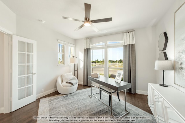 office area with plenty of natural light, dark hardwood / wood-style floors, and ceiling fan