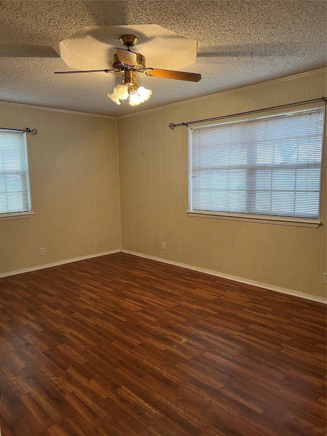 spare room with a wealth of natural light, dark wood-type flooring, and a textured ceiling