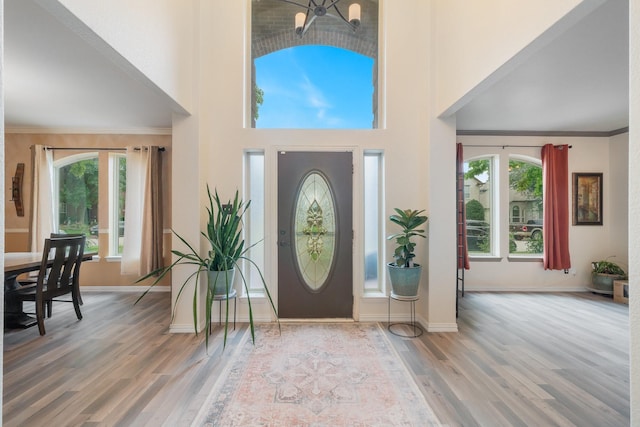 foyer featuring wood-type flooring, a towering ceiling, crown molding, and a notable chandelier