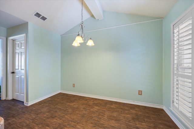 empty room with a notable chandelier, lofted ceiling with beams, and dark wood-type flooring