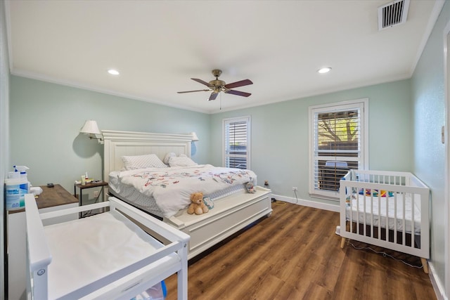 109 Crestwood Dr, Rockwall, TX 75087 - bedroom featuring wood finished floors, crown molding, recessed lighting, and a ceiling fan