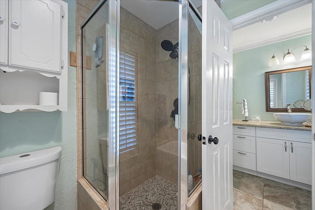 bathroom with vanity, toilet, and a shower with shower door