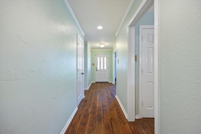 hallway featuring ornamental molding and dark wood-type flooring