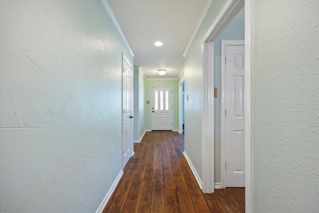 109 Crestwood Dr, Rockwall, TX 75087 - hall with crown molding, dark wood-style flooring, and recessed lighting