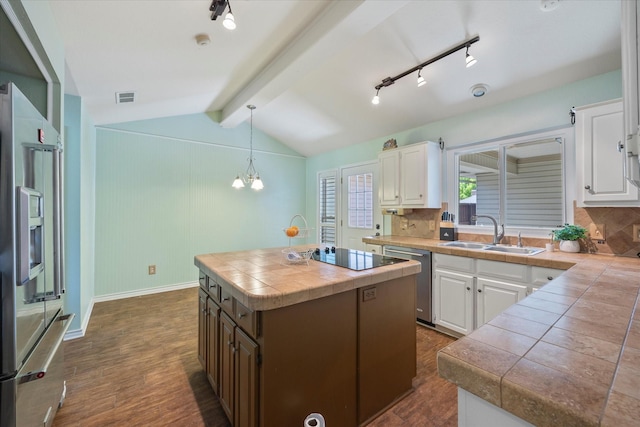 109 Crestwood Dr, Rockwall, TX 75087 - kitchen with stainless steel appliances, tile counters, white cabinetry, tasteful backsplash, and rail lighting