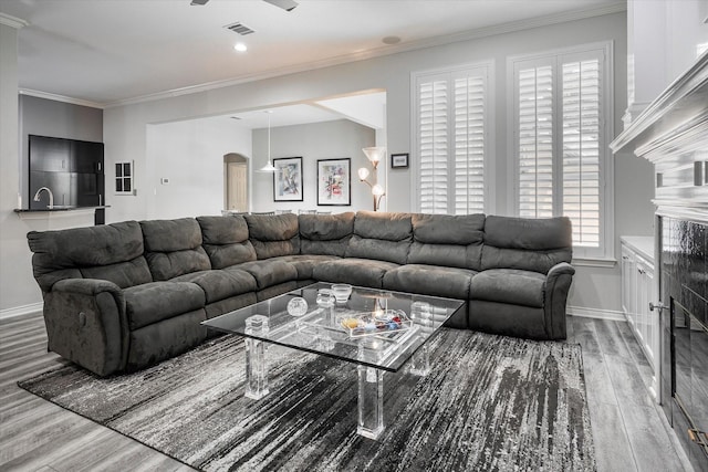 living room featuring ceiling fan, wood-type flooring, and crown molding