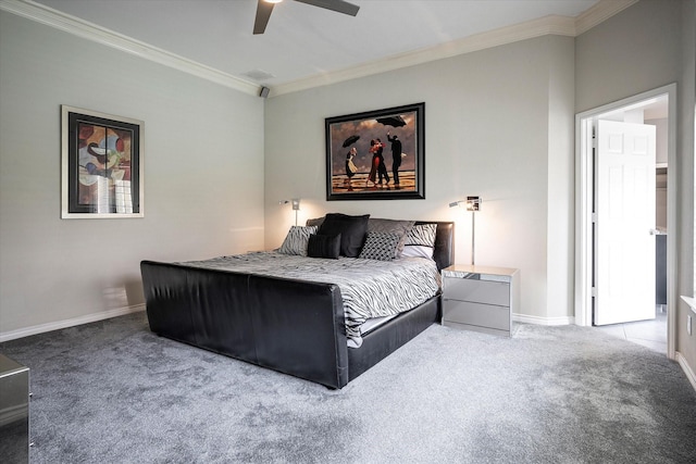 carpeted bedroom featuring ceiling fan and ornamental molding