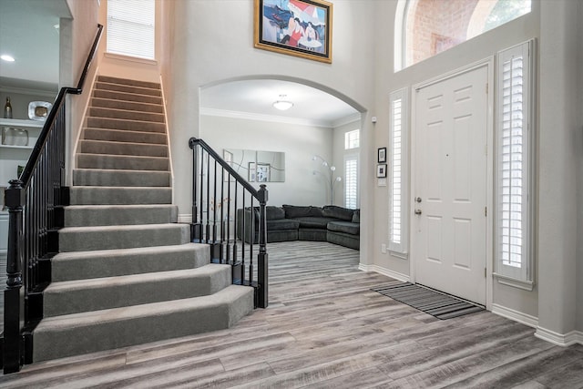 foyer entrance with a high ceiling, light hardwood / wood-style floors, crown molding, and a healthy amount of sunlight