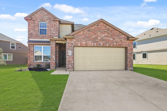 front facade featuring a front yard and a garage