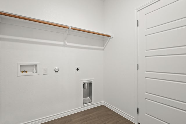 washroom featuring gas dryer hookup, hookup for an electric dryer, hookup for a washing machine, and dark wood-type flooring