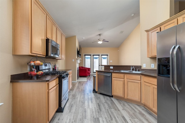 kitchen with ceiling fan, sink, light brown cabinets, stainless steel appliances, and light wood-type flooring