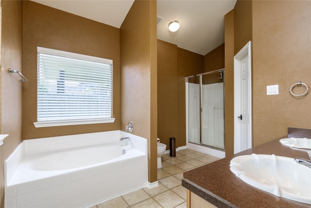 full bathroom featuring sink, plus walk in shower, vaulted ceiling, and tile patterned flooring