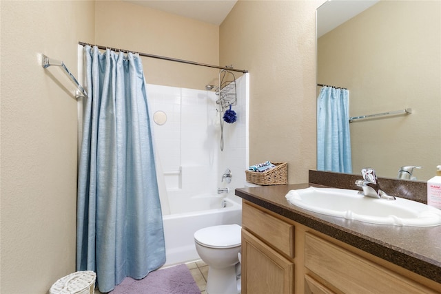 full bathroom featuring tile patterned flooring, shower / bath combination with curtain, vanity, and toilet