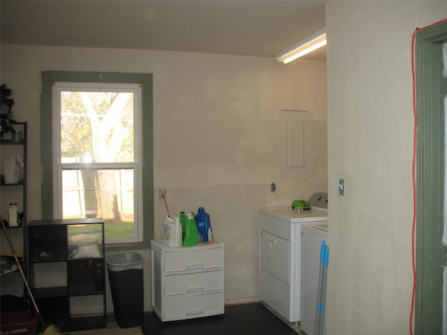 laundry room with electric panel and washing machine and clothes dryer