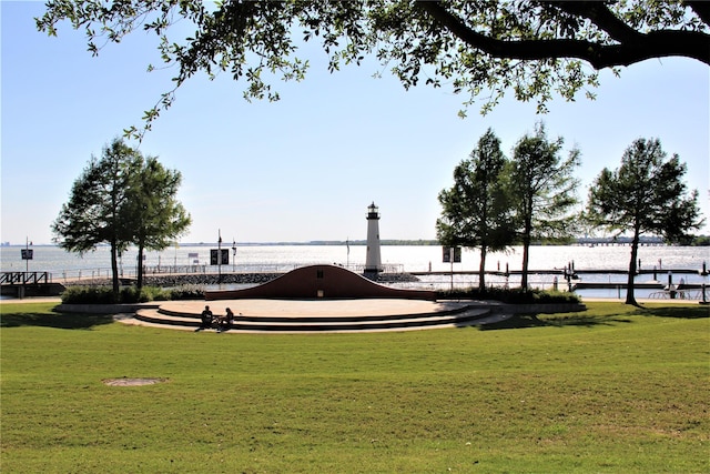 view of property's community with a water view and a yard