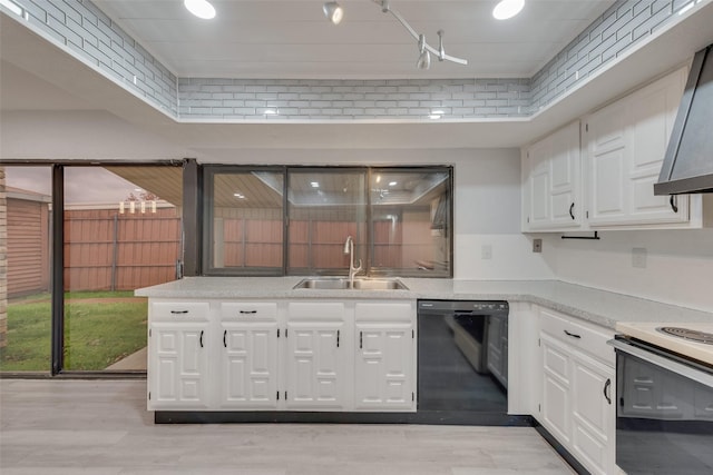 kitchen with white cabinets, sink, electric range, light wood-type flooring, and black dishwasher