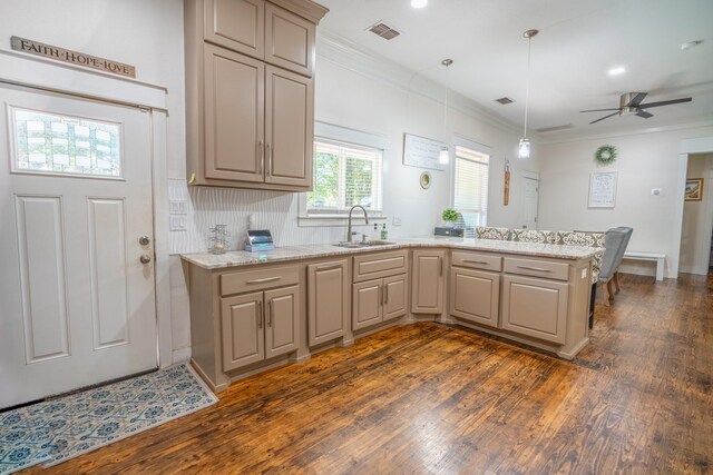 living room featuring ornamental molding, ceiling fan, and dark wood-type flooring