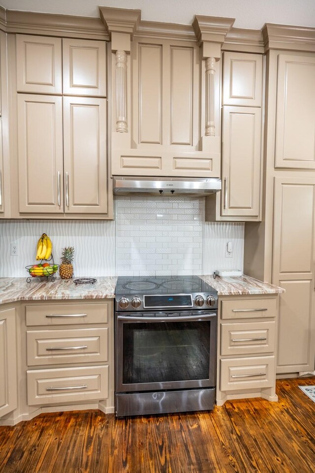 kitchen featuring tasteful backsplash, light stone counters, dark wood-type flooring, and stainless steel appliances