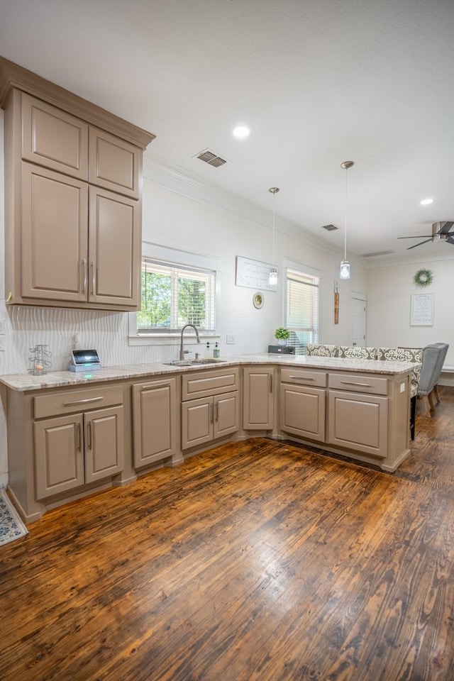 kitchen with light stone countertops, wood-type flooring, a wealth of natural light, and sink