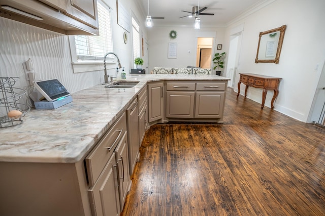 kitchen with sink, ornamental molding, dark hardwood / wood-style floors, kitchen peninsula, and light stone countertops