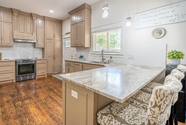 kitchen featuring kitchen peninsula, light stone counters, crown molding, sink, and dark hardwood / wood-style floors