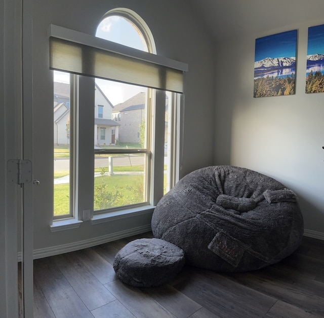 sitting room with dark wood-type flooring and a healthy amount of sunlight