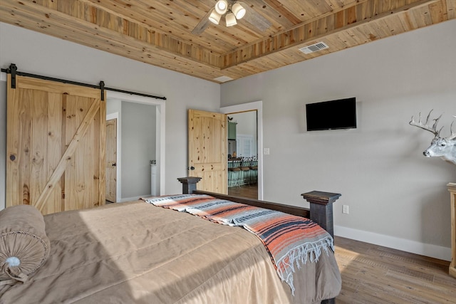 bedroom featuring a raised ceiling, a barn door, wood finished floors, wooden ceiling, and baseboards