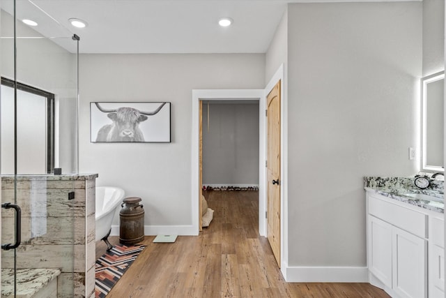 bathroom with a freestanding bath, a shower stall, vanity, and wood finished floors