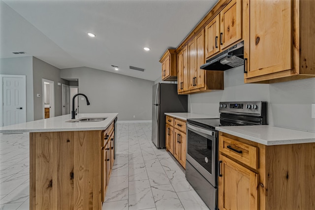 kitchen with a sink, marble finish floor, stainless steel appliances, under cabinet range hood, and visible vents