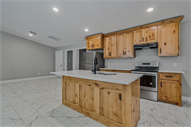 kitchen with stainless steel appliances, a kitchen island with sink, and sink