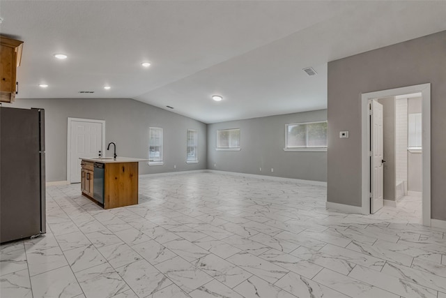 unfurnished living room featuring baseboards, visible vents, vaulted ceiling, and marble finish floor