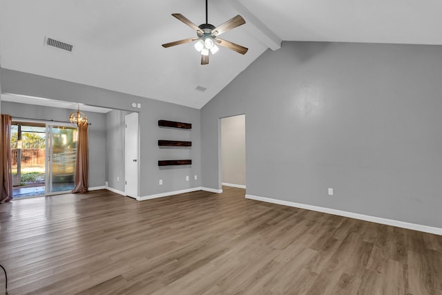 unfurnished living room featuring beamed ceiling, hardwood / wood-style floors, ceiling fan with notable chandelier, and high vaulted ceiling