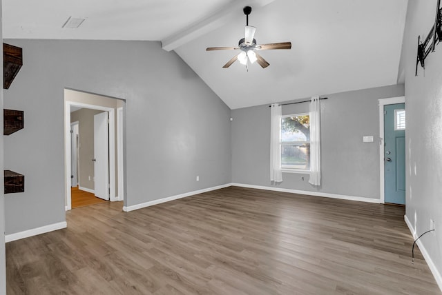 unfurnished living room with vaulted ceiling with beams, ceiling fan, and light hardwood / wood-style floors