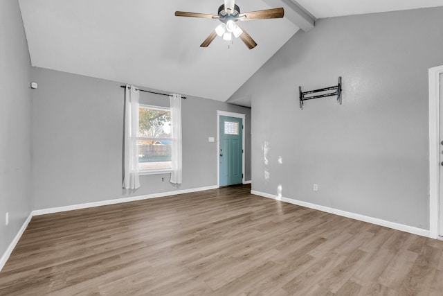 empty room featuring lofted ceiling with beams, ceiling fan, and light hardwood / wood-style flooring