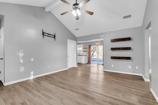 unfurnished living room featuring beamed ceiling, ceiling fan with notable chandelier, light wood-type flooring, and high vaulted ceiling