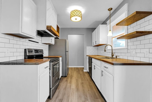 kitchen with sink, dishwasher, light hardwood / wood-style floors, white cabinetry, and stainless steel range with electric cooktop