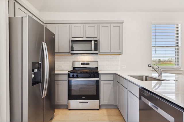 kitchen with gray cabinetry, sink, decorative backsplash, and appliances with stainless steel finishes