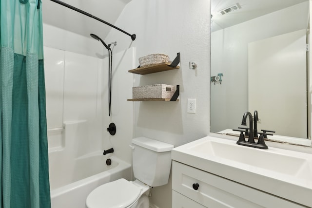 full bathroom featuring shower / bathtub combination with curtain, vanity, and toilet