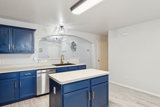 kitchen with sink, a kitchen island, stainless steel dishwasher, and blue cabinets