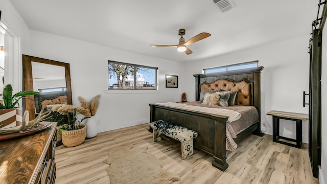 bedroom featuring ceiling fan and light wood-type flooring