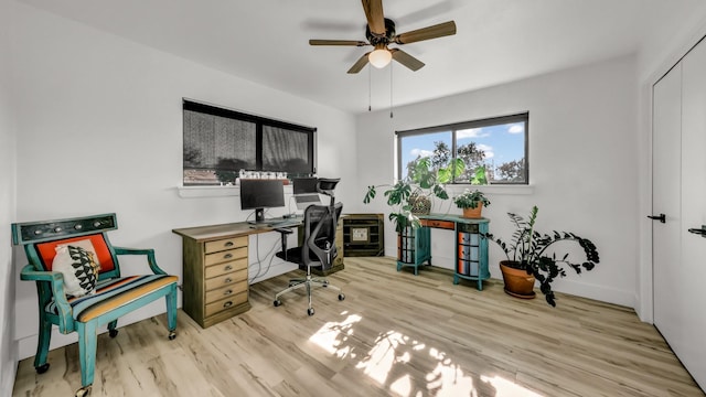 office area with light hardwood / wood-style flooring and ceiling fan