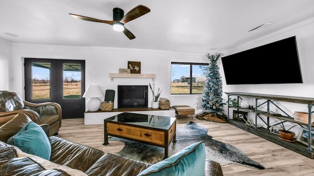 living room with ceiling fan, wood-type flooring, a wealth of natural light, and french doors