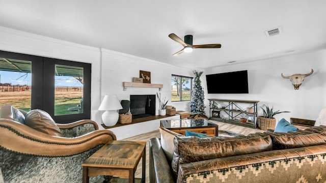 living room with hardwood / wood-style floors, a wealth of natural light, and ceiling fan