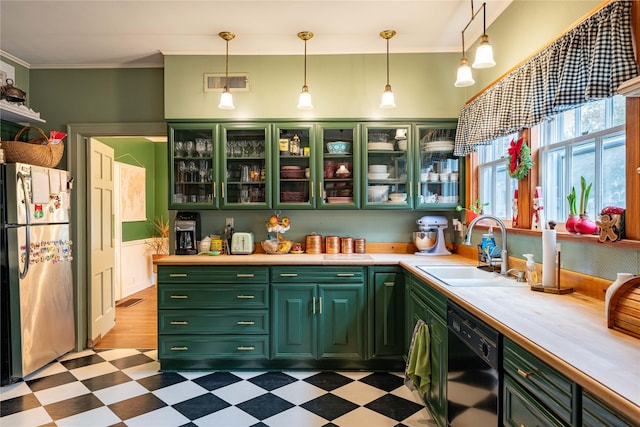 kitchen with stainless steel refrigerator, dishwasher, sink, hanging light fixtures, and ornamental molding