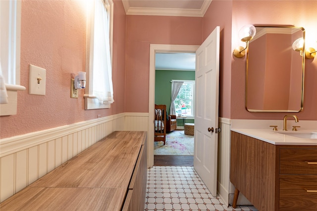 bathroom featuring ornamental molding and vanity