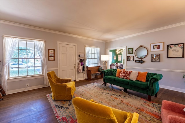 living room featuring ornamental molding and dark hardwood / wood-style floors