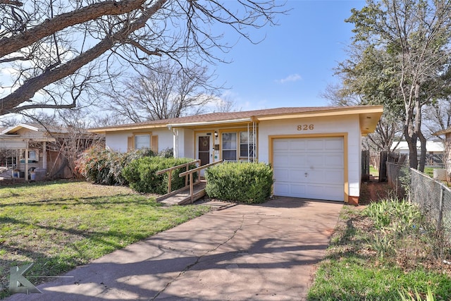 ranch-style house featuring a garage and a front yard