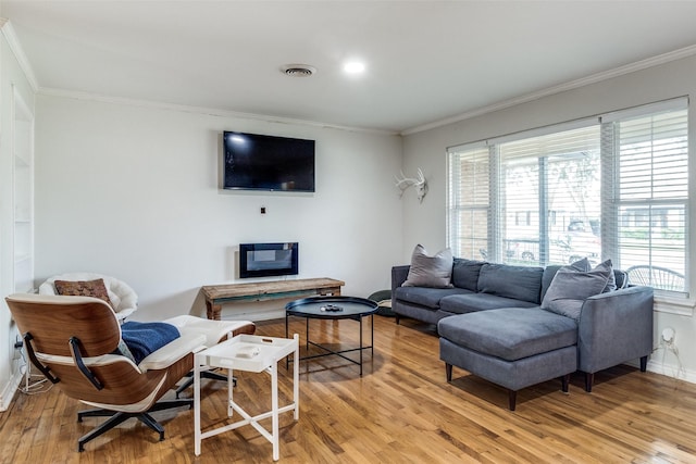 living room featuring light hardwood / wood-style floors, a wealth of natural light, and ornamental molding